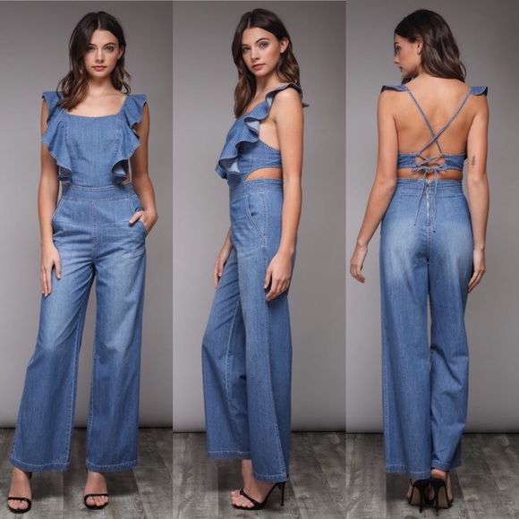 denim ruffle jumpsuit